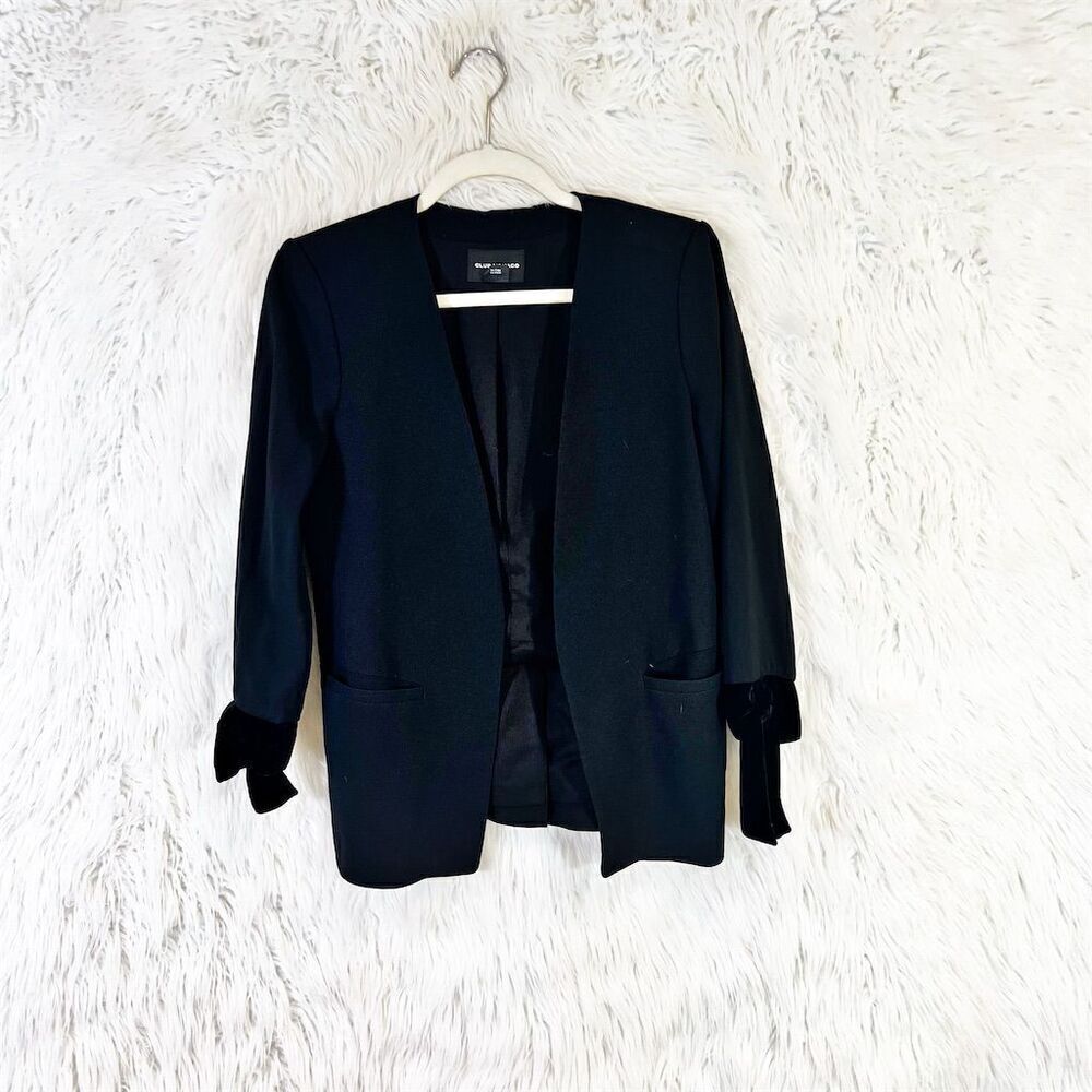 Club Monaco Lashell Black Blazer Size 2 Velvet Cuff Ties Open Front